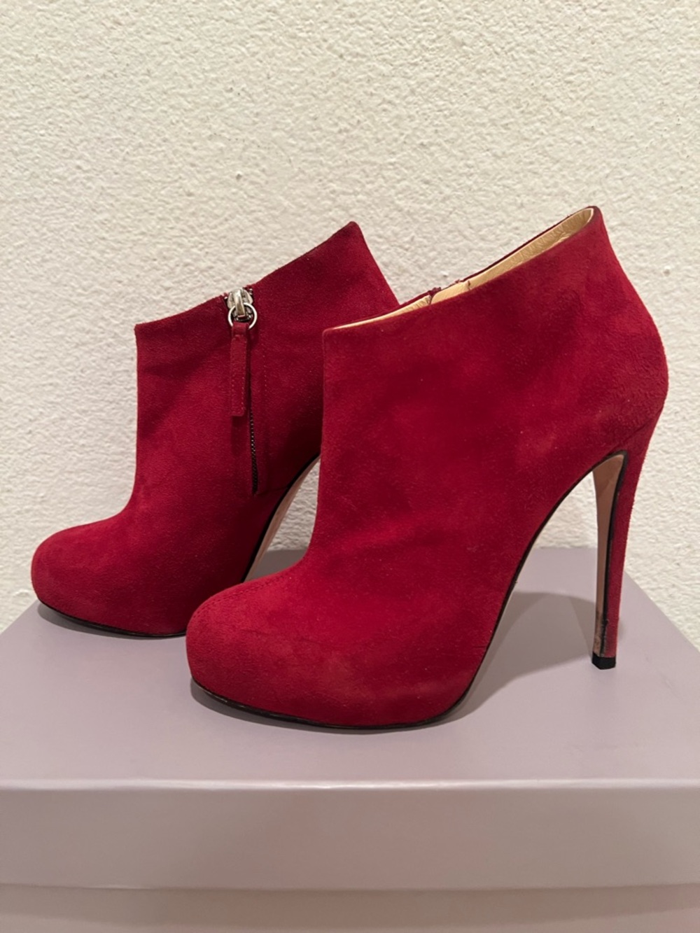 Barneys New York Red Suede High-Heel Ankle Boots